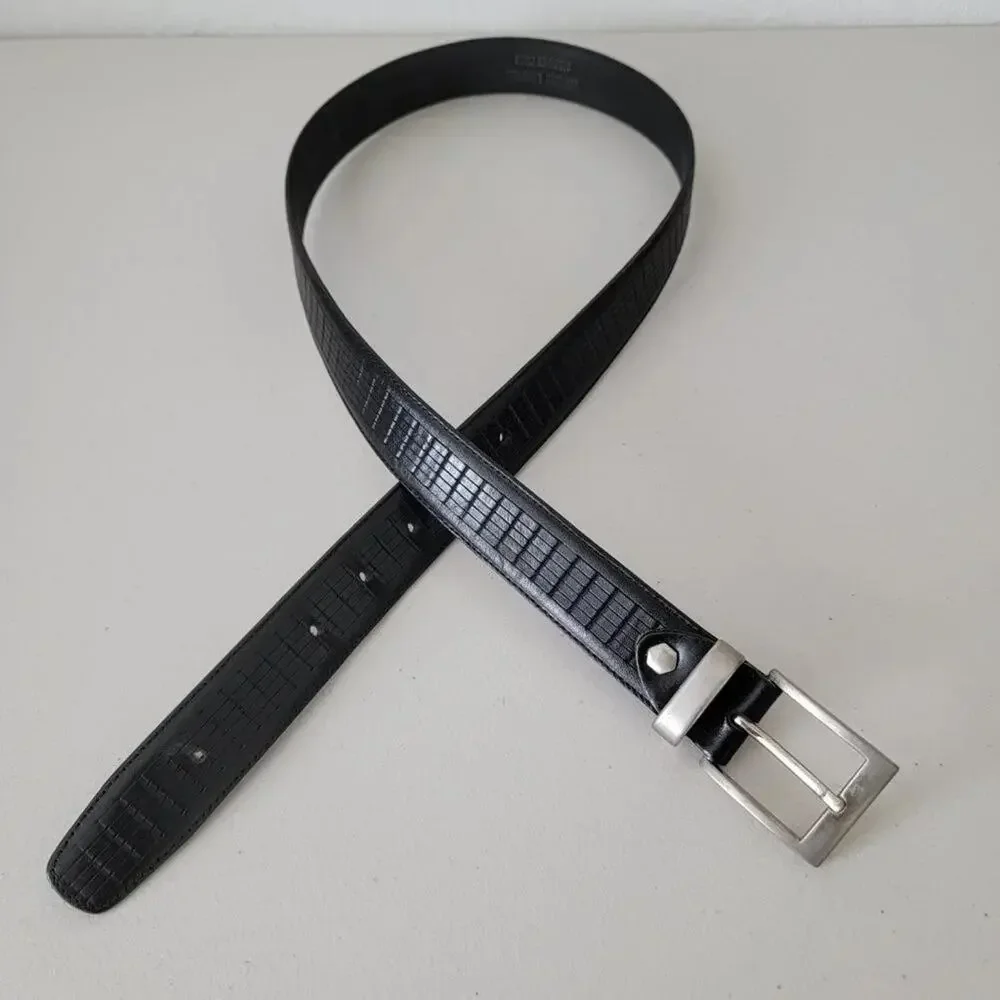Genuine Italian Leather Belt Black Mens Size 32 Silver Buckle Classic 1.25 Inch